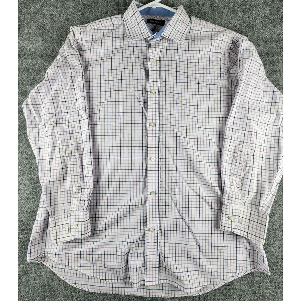 Nautica Mens Dress Shirt Large 16-16.5 32/33 Blue Purple Plaid Button Down L/S